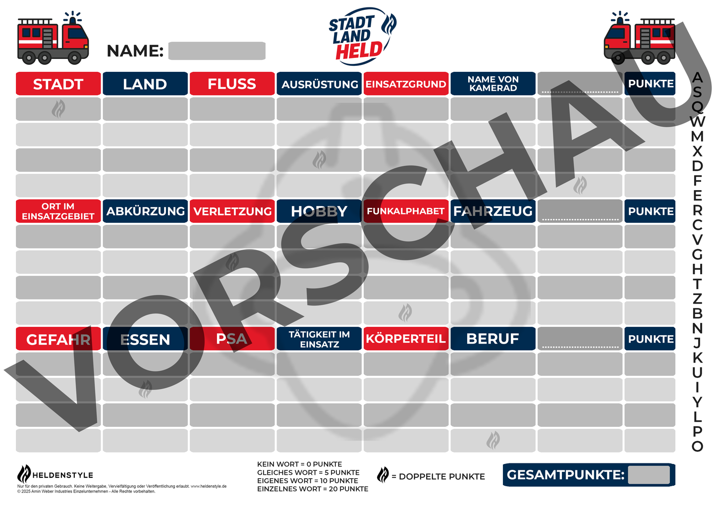 Druckvorlage Stadt, Land, Held (Feuerwehr Edition)