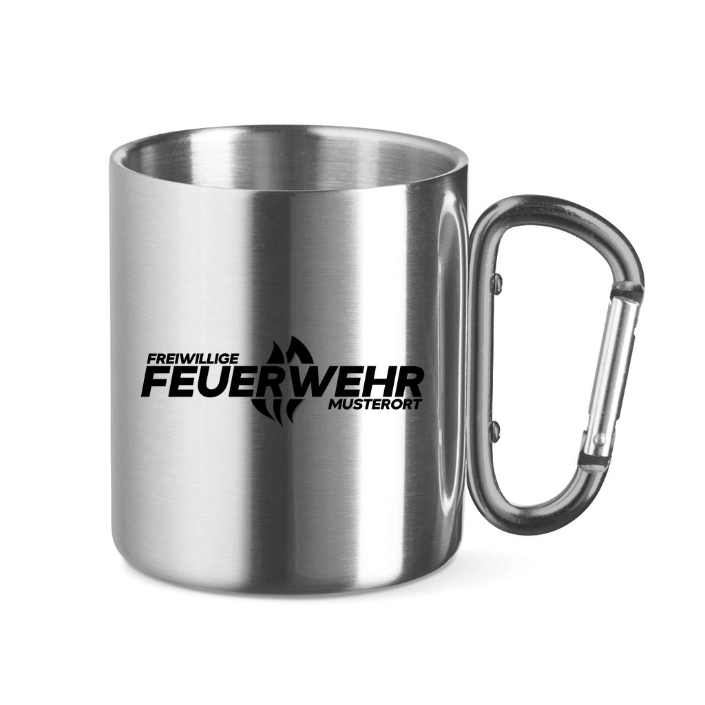 Edelstahltasse mit Karabinergriff - Flamme Freiwillige Feuerwehr Schwarz [Personalisierbar]
