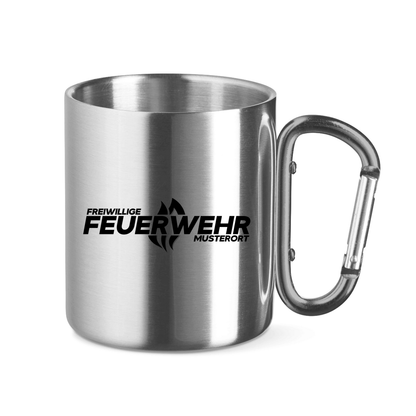 Edelstahltasse mit Karabinergriff - Flamme Freiwillige Feuerwehr Schwarz [Personalisierbar]