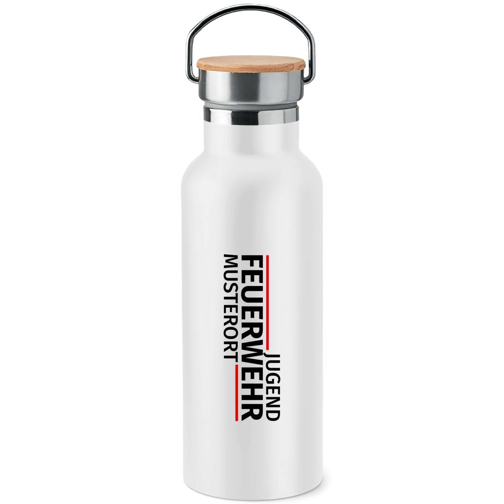 Edelstahl-Trinkflasche mit Bambusdeckel - Modern Jugendfeuerwehr [Personalisierbar]