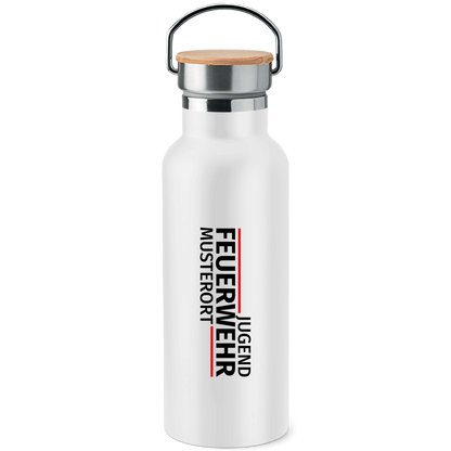 Edelstahl-Trinkflasche mit Bambusdeckel - Modern Jugendfeuerwehr [Personalisierbar]