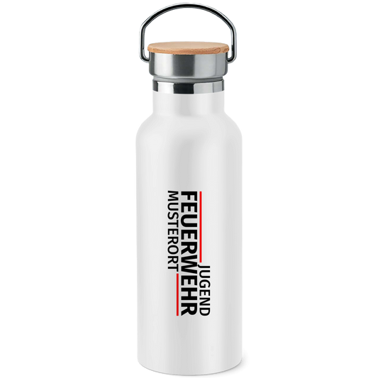 Edelstahl-Trinkflasche mit Bambusdeckel - Modern Jugendfeuerwehr [Personalisierbar]