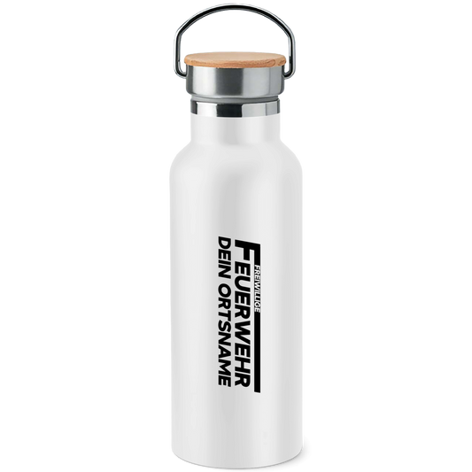Edelstahl-Trinkflasche mit Bambusdeckel - Freiwillige Feuerwehr [Personalisierbar]
