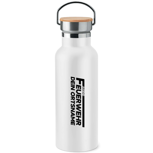 Edelstahl-Trinkflasche mit Bambusdeckel - Jugendfeuerwehr [Personalisierbar]