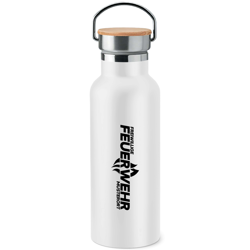 Edelstahl-Trinkflasche mit Bambusdeckel - Flamme Freiwillige Feuerwehr Schwarz [Personalisierbar]
