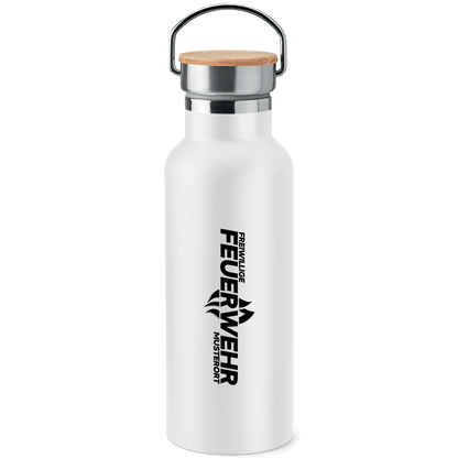 Edelstahl-Trinkflasche mit Bambusdeckel - Flamme Freiwillige Feuerwehr Schwarz [Personalisierbar]