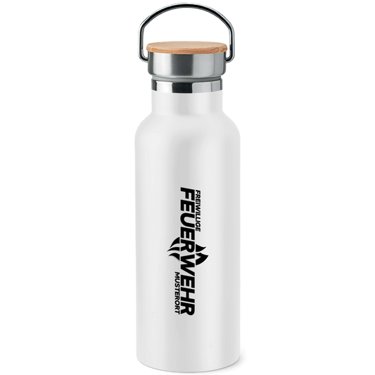 Edelstahl-Trinkflasche mit Bambusdeckel - Flamme Freiwillige Feuerwehr Schwarz [Personalisierbar]
