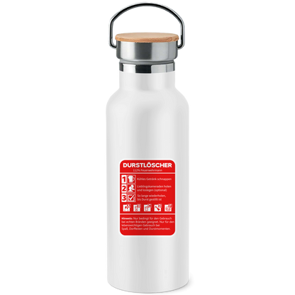 Edelstahl-Trinkflasche mit Bambusdeckel - Durstlöscher Feuerwehrmann