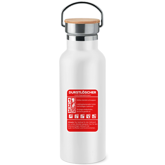 Edelstahl-Trinkflasche mit Bambusdeckel - Durstlöscher Feuerwehrmann
