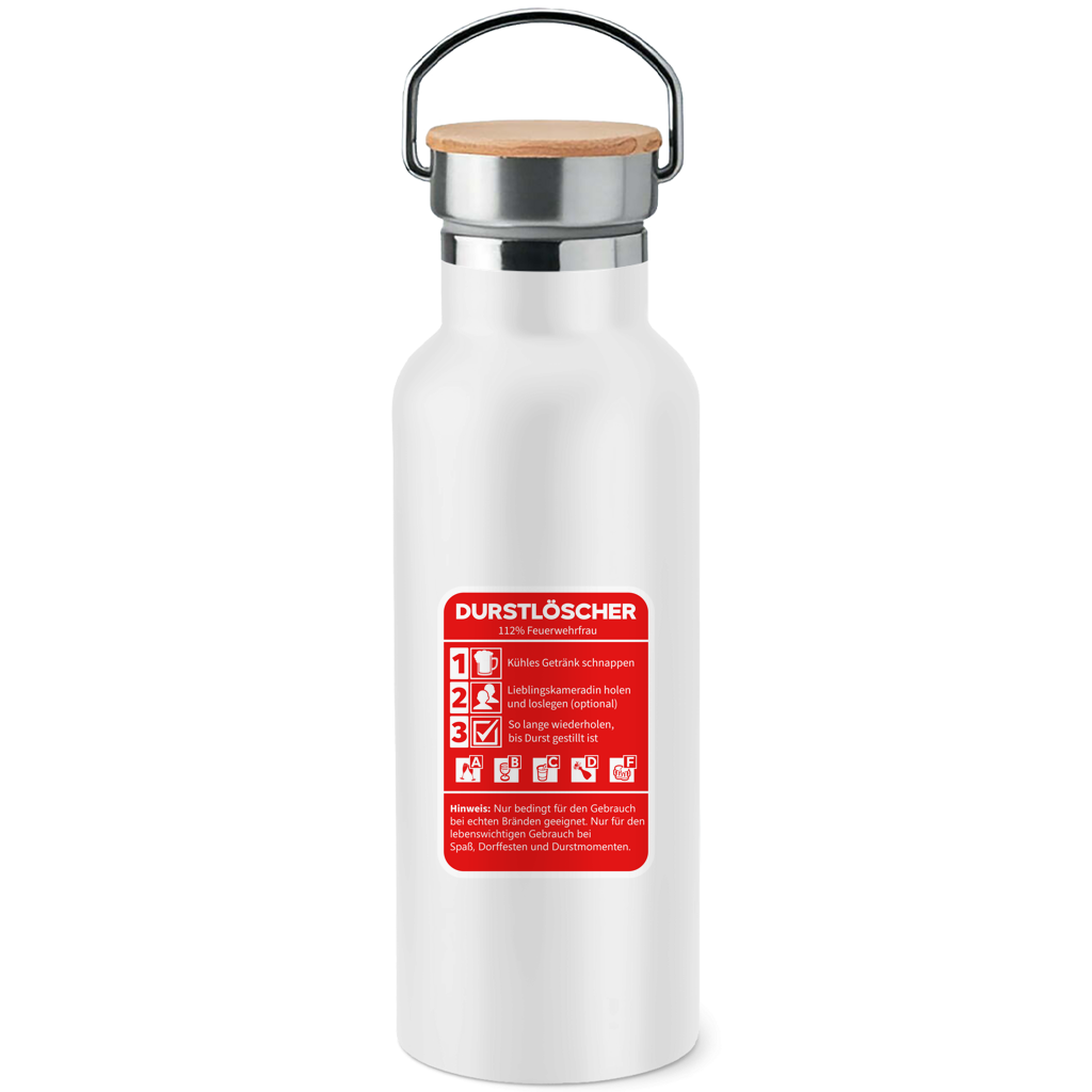 Edelstahl-Trinkflasche mit Bambusdeckel - Durstlöscher Feuerwehrfrau