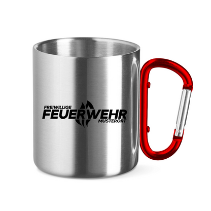 Edelstahltasse mit Karabinergriff - Flamme Freiwillige Feuerwehr Schwarz [Personalisierbar]