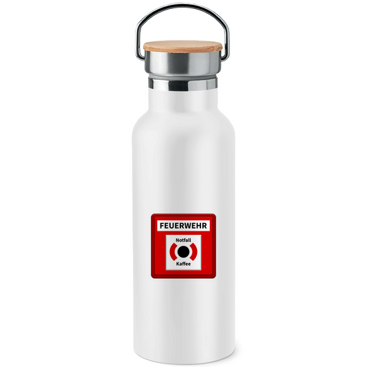 Edelstahl-Trinkflasche mit Bambusdeckel - Brandmelder Notfallkaffee