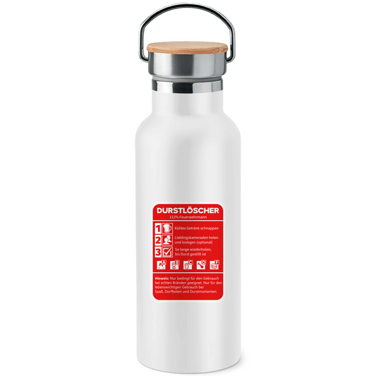 Edelstahl-Trinkflasche mit Bambusdeckel - Durstlöscher Feuerwehrmann