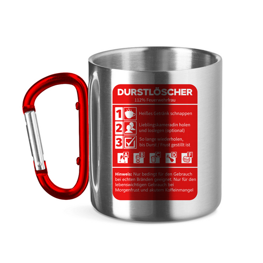 Edelstahltasse mit Karabinergriff - Morgen Durstlöscher Feuerwehrfrau