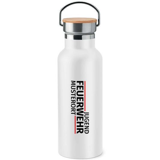 Edelstahl-Trinkflasche mit Bambusdeckel - Modern Jugendfeuerwehr [Personalisierbar]