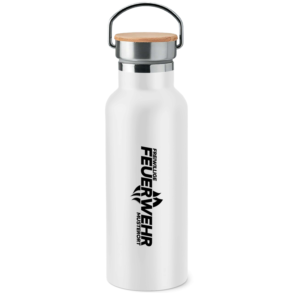 Edelstahl-Trinkflasche mit Bambusdeckel - Flamme Freiwillige Feuerwehr Schwarz [Personalisierbar]