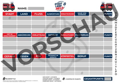 Druckvorlage Stadt, Land, Held (Feuerwehr Edition)