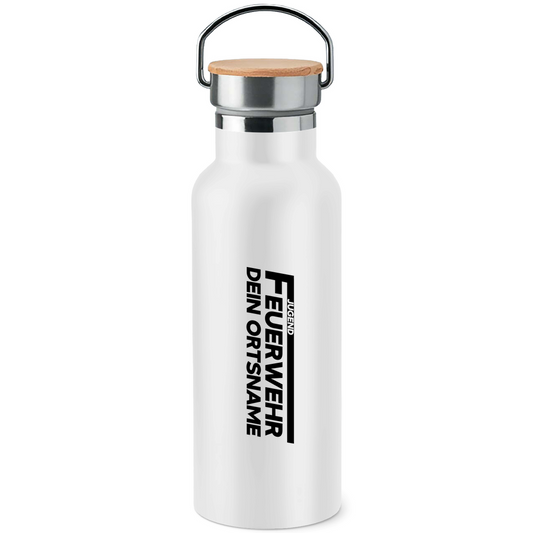 Edelstahl-Trinkflasche mit Bambusdeckel - Jugendfeuerwehr [Personalisierbar]