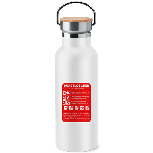 Edelstahl-Trinkflasche mit Bambusdeckel - Durstlöscher Feuerwehrmann
