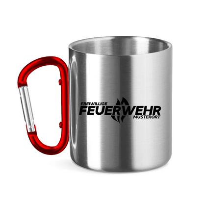 Edelstahltasse mit Karabinergriff - Flamme Freiwillige Feuerwehr Schwarz [Personalisierbar]